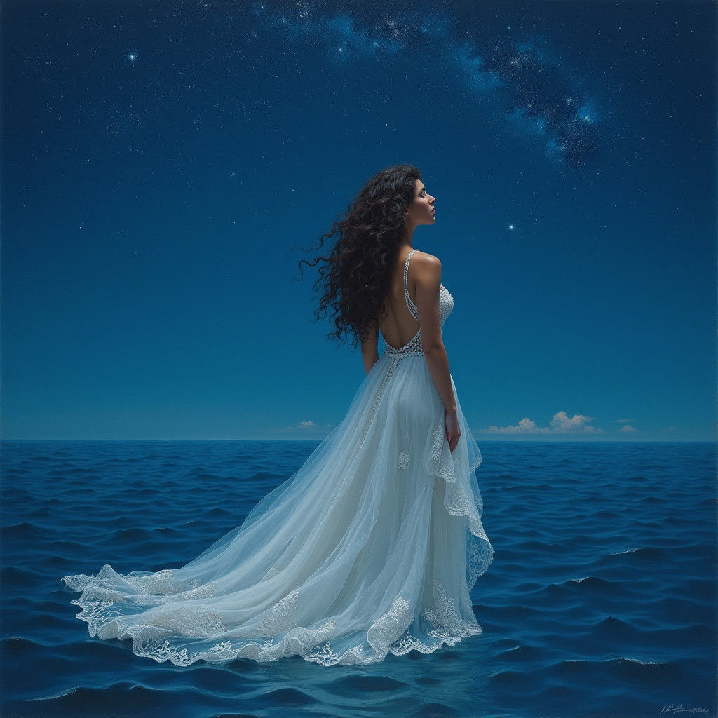 Woman Under Stars in Dreamlike Oil Painting