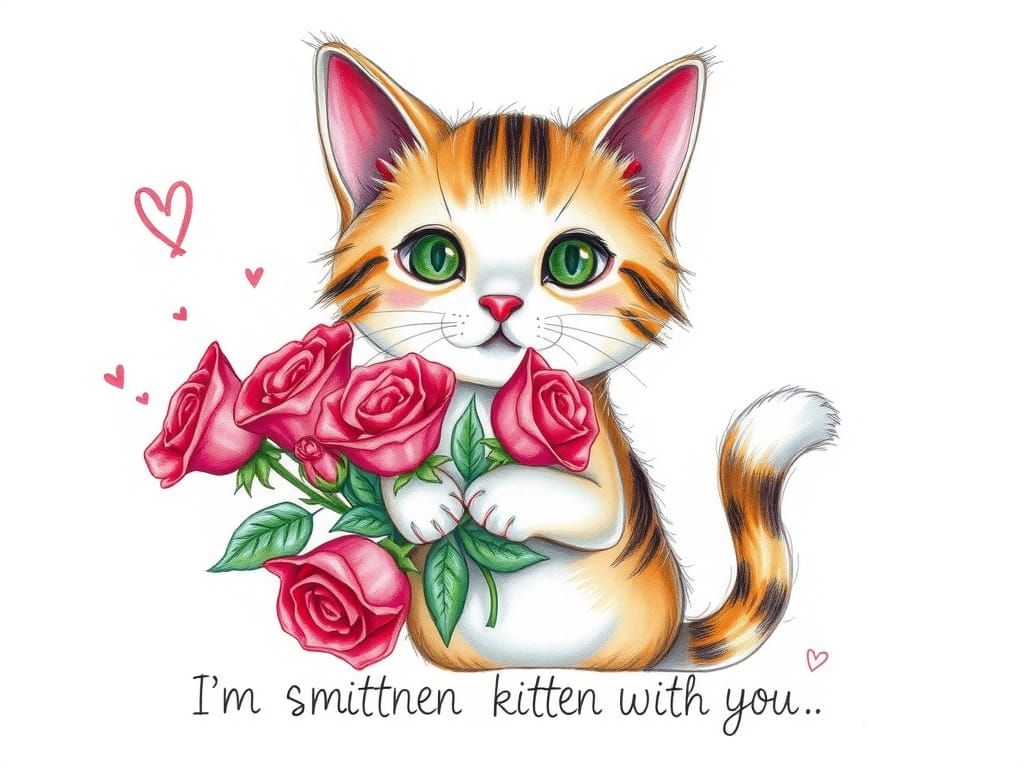 Cute Cartoon Cat Holding Roses in Complementary Colors