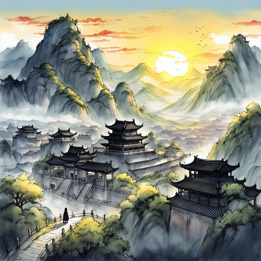 Chinese Ink Sunset Over Ancient Mountains