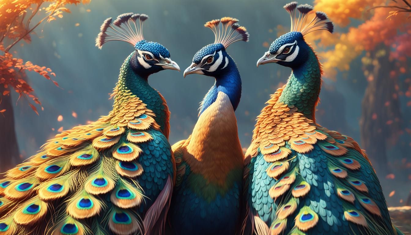 Oriental Hyper-Realistic Rainbow Peacocks Portrait