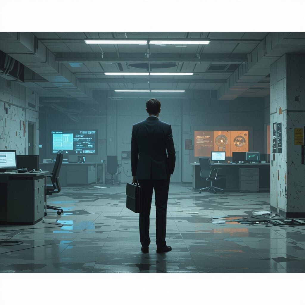 Dystopian Businessperson in Abandoned Office