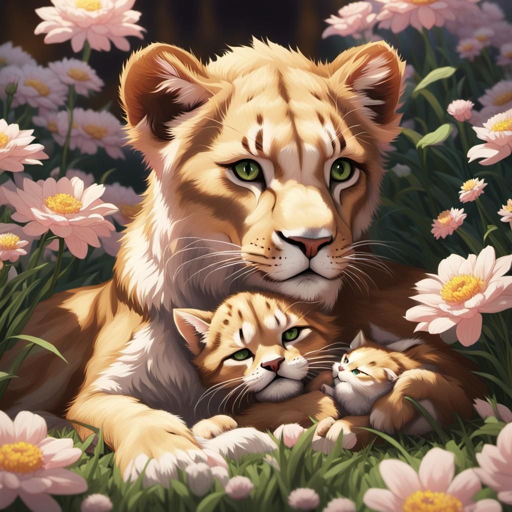 Lioness and Kitten Cuddle: 3D Anime Art