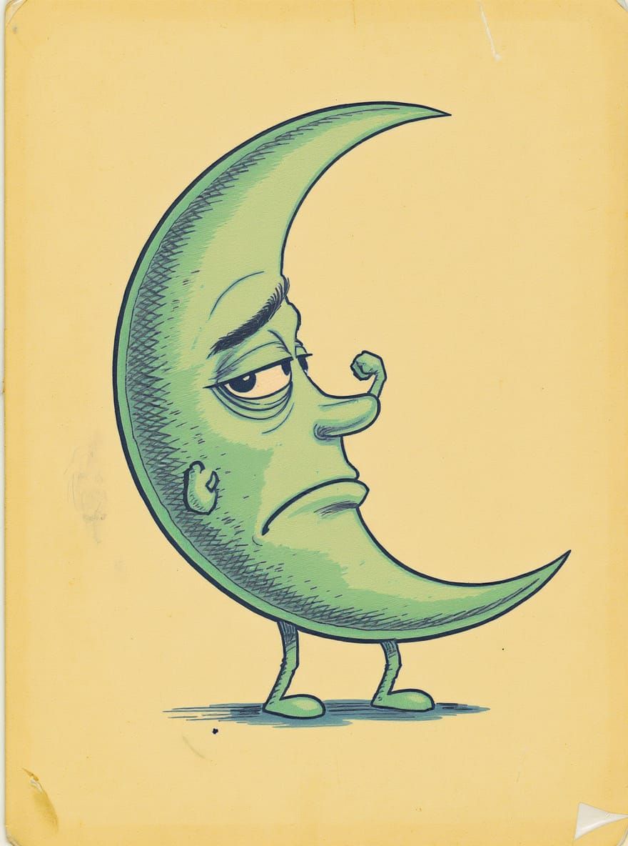 Childbook Illustration: Envious Green Moon with Human Featur...