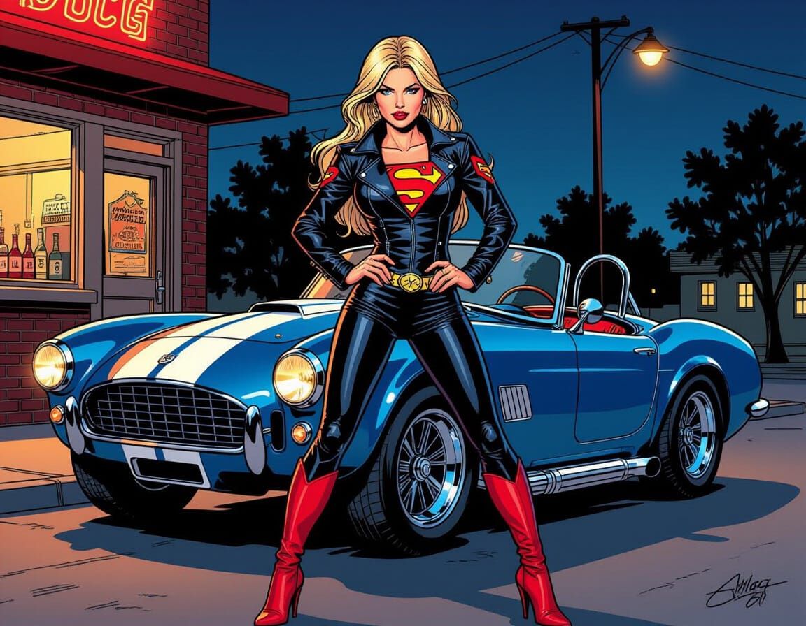 Supergirl as Biker Babe with Shelby Cobra
