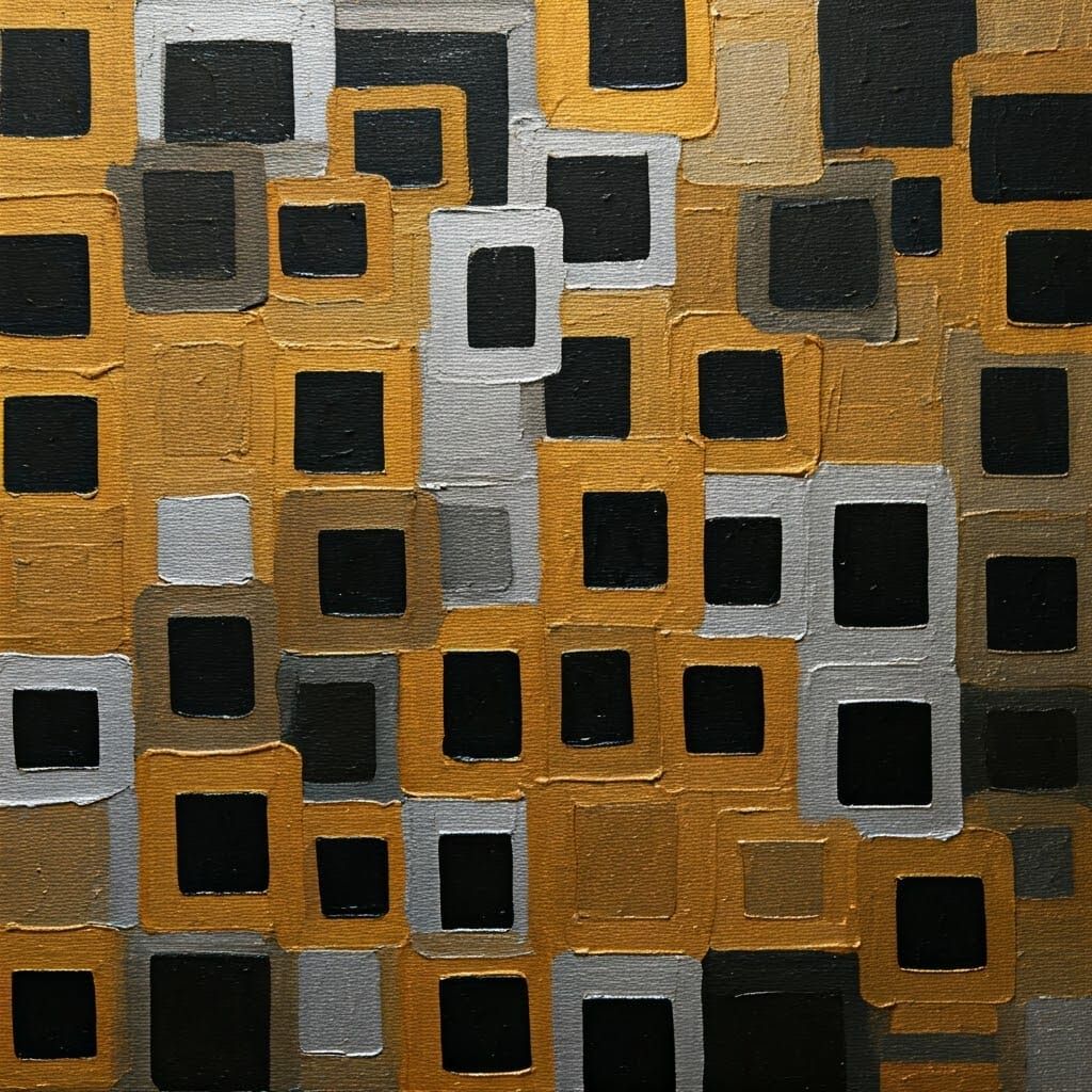Abstract, squares randomly overlapping squares in black, gold and silver
