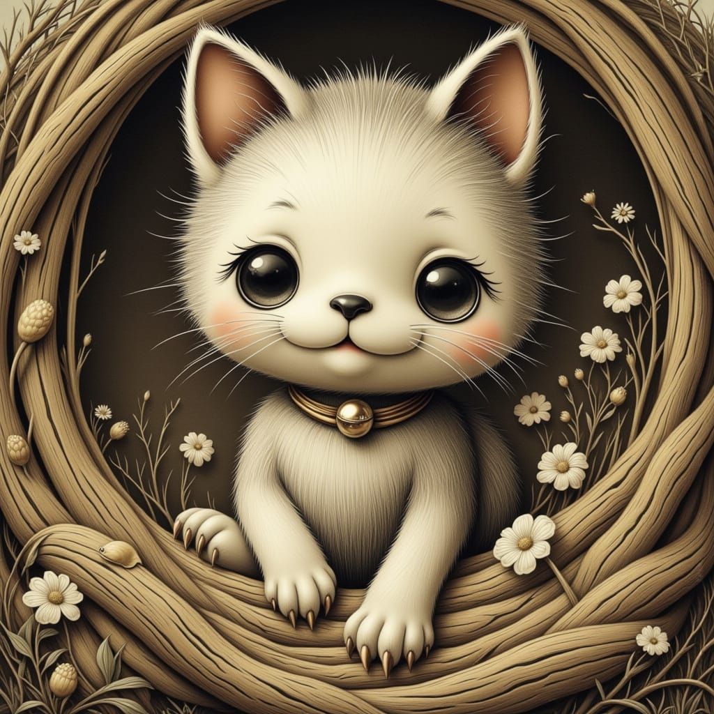 Purring kitten Snuggled up <lora:MO Branchlings:1.0> <lora:1920scartoon:1.0> <lora:-Frickin Cute-:1.0> <lora:WOODCUT WHI...