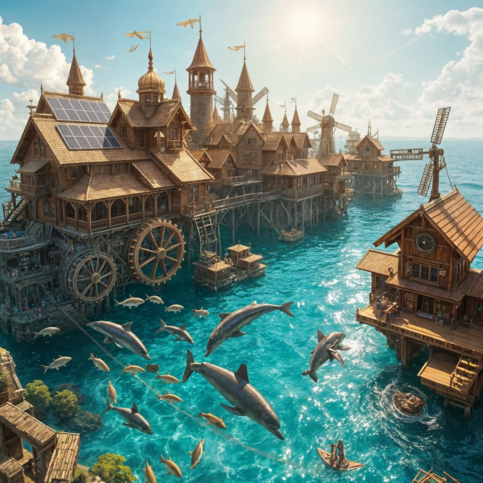 Steampunk Floating City on a Sunny Ocean Day