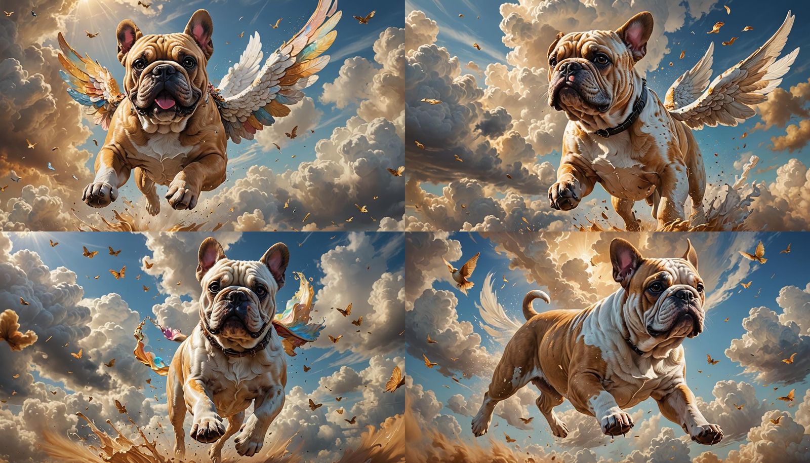 Bulldog with Angel Wings Flying in Clouds