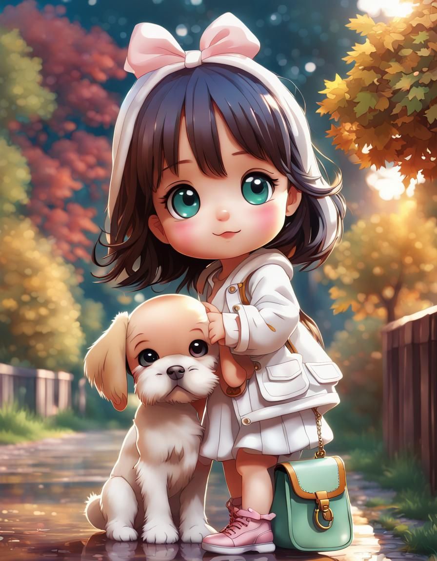 Chibi Girl and Dog in Autumn, 3D Digital Art