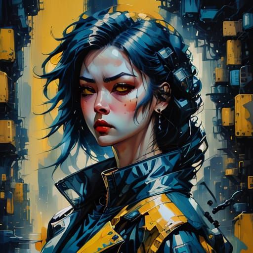 Cyber Noir Woman in Blue and Yellow