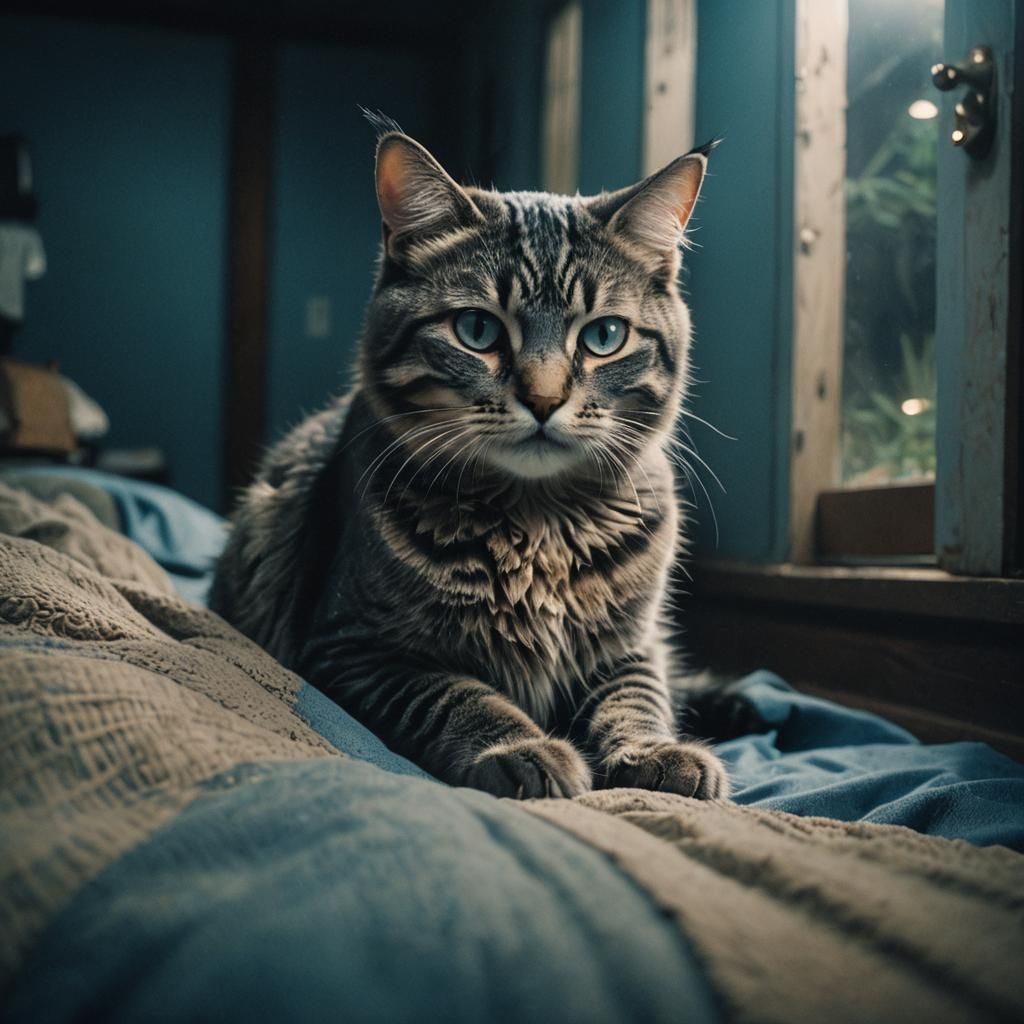 Sad Blue Cat: A Cinematic Film Still