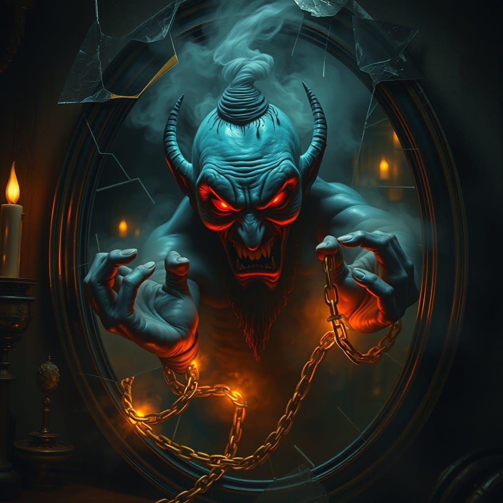 Dark Genie Emerges from Shattered Mirror in Gothic Surrealis...