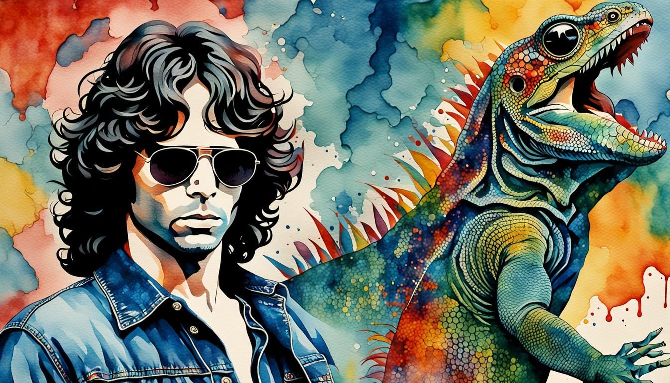 Jim Morrison Portrait with Lizard Mural in Watercolor Pop Ar...
