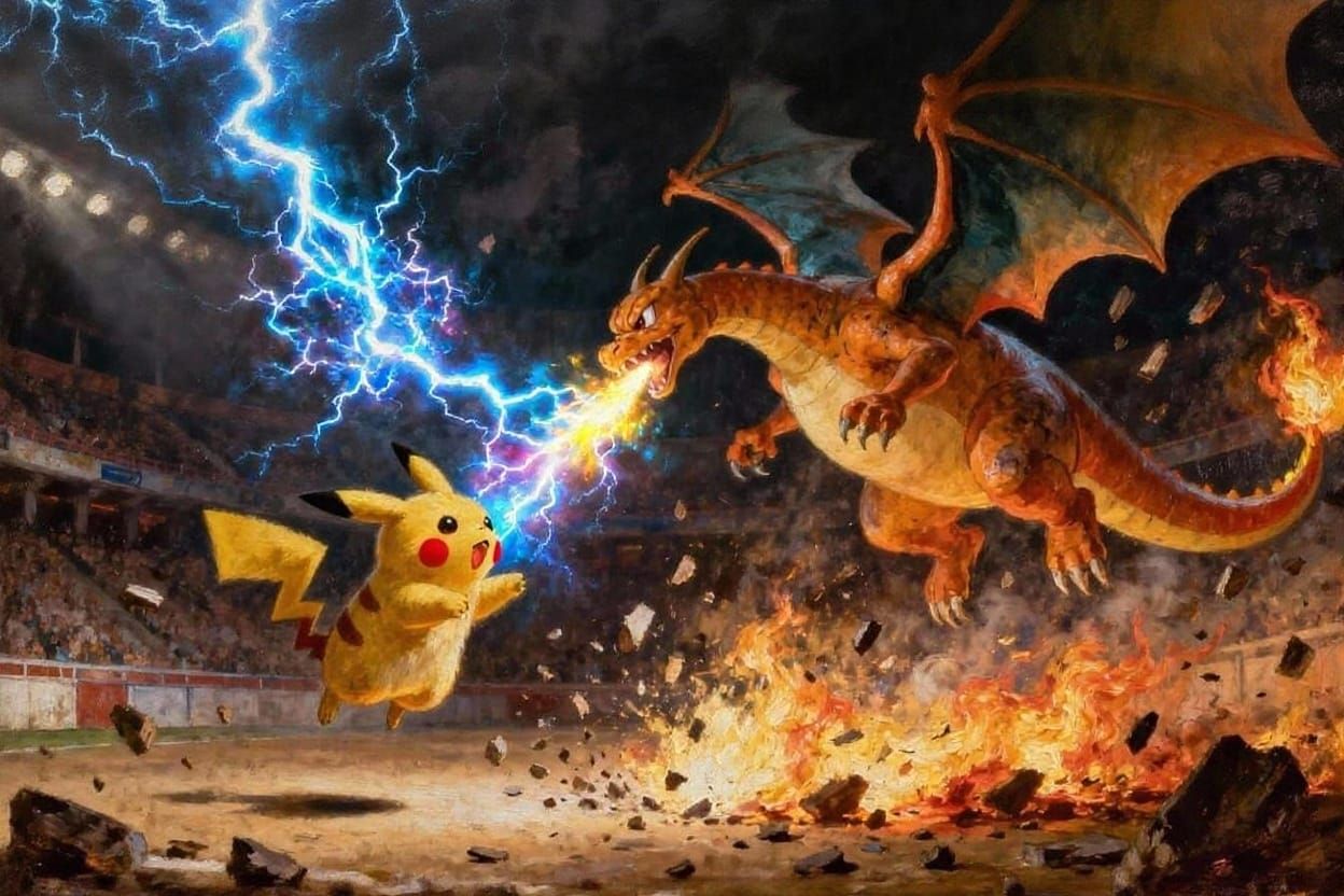 Pikachu and Charzard Clash in Epic Oil Painting Battle