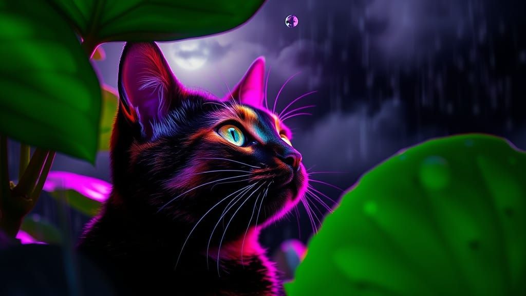 Bioluminescent Cat Observes Neon Rain in Neon Noir Style