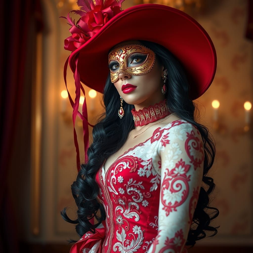 Hispanic Woman in Red Gown with Masquerade Mask