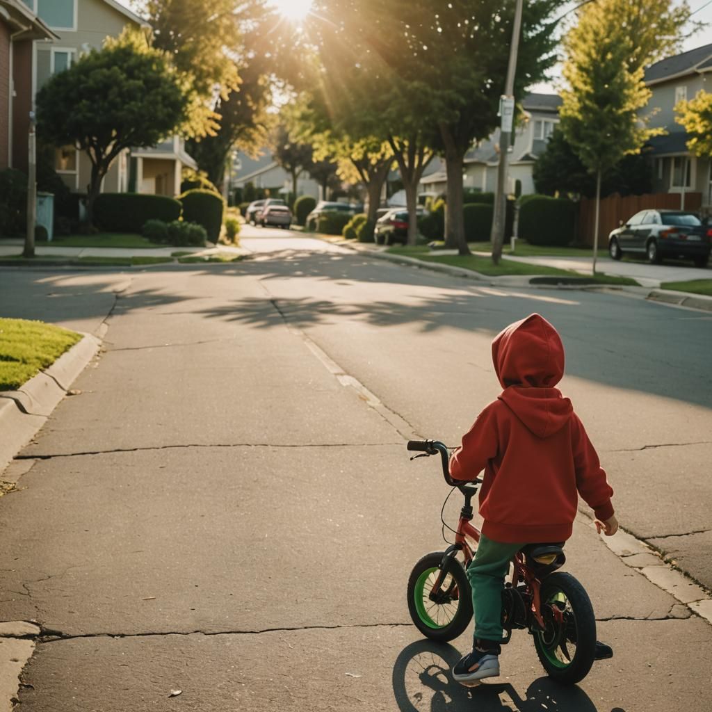 Boy Rides Bike on Sun-Drenched Street: Cinematic Film Still