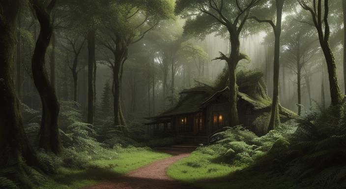 Ominous Forest Path Under Dark Sky in Romantic Style