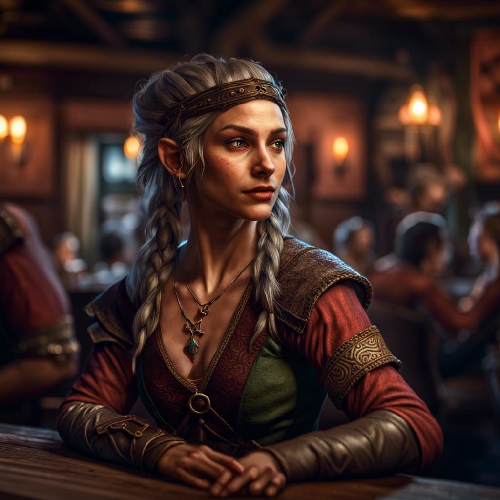 Hyperrealistic Half-Elf Bard Dancing in Tavern