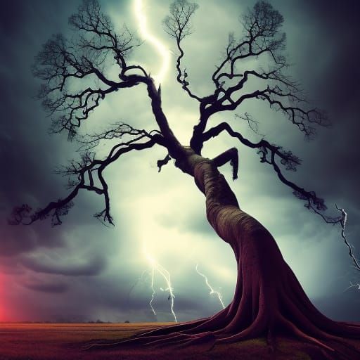 Giant Tree Reaching for Stormy Heavens, Mystical Photo