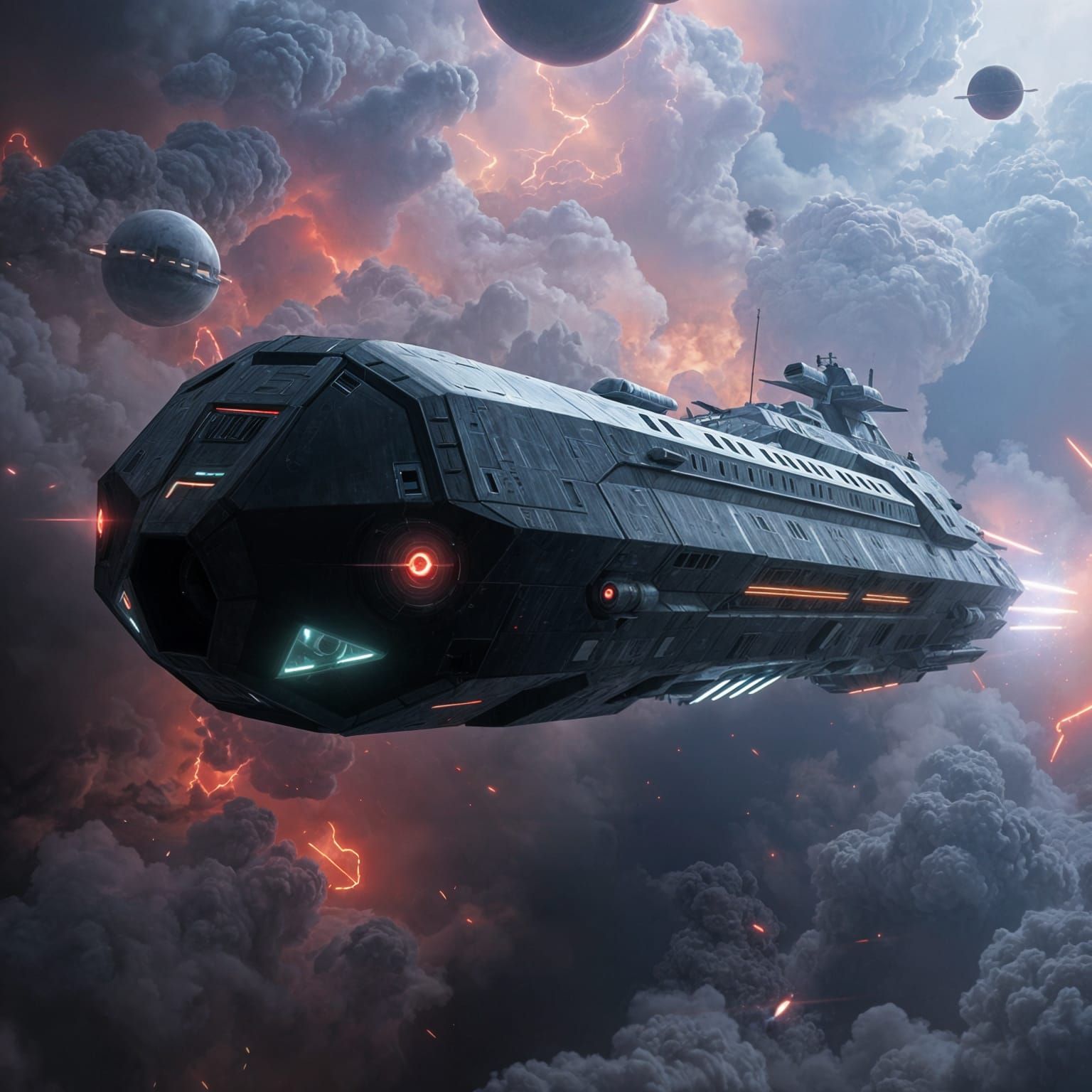 Futuristic Torus Spaceship Slices Through Nebula in Cyberpun...