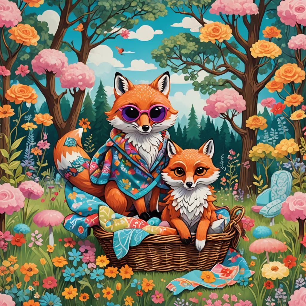 Cartoon Fox and Owl Picnic in Art Nouveau Style