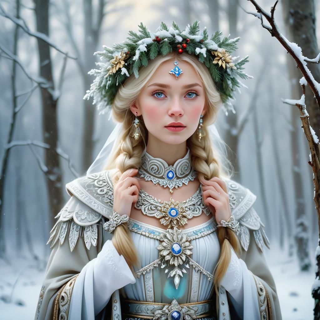 Slavic Angel in Winter Forest, Impressionistic Style