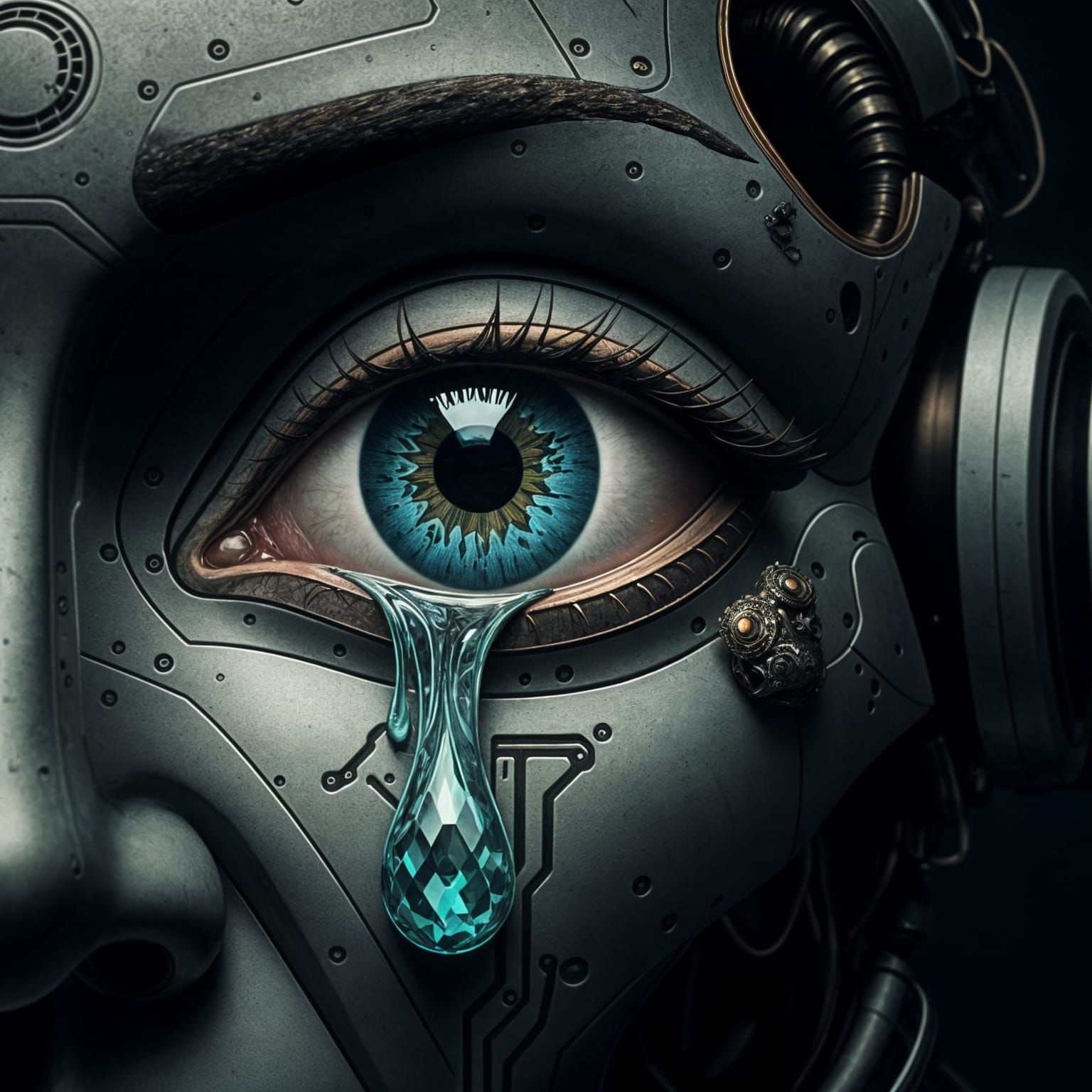 Surreal Robot Eye Leaks Aquatint Emerald Circuitry