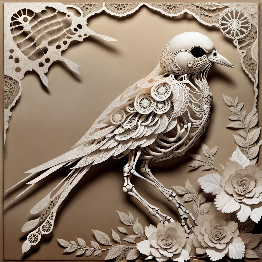 Ethereal Lace Bird Skeleton Collage Illustration