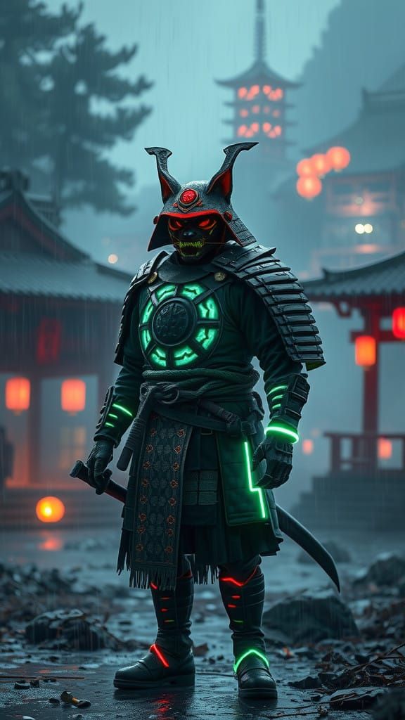 Neon Samurai Cat Emerges from Rainy Ruins in Japanese Deep F...