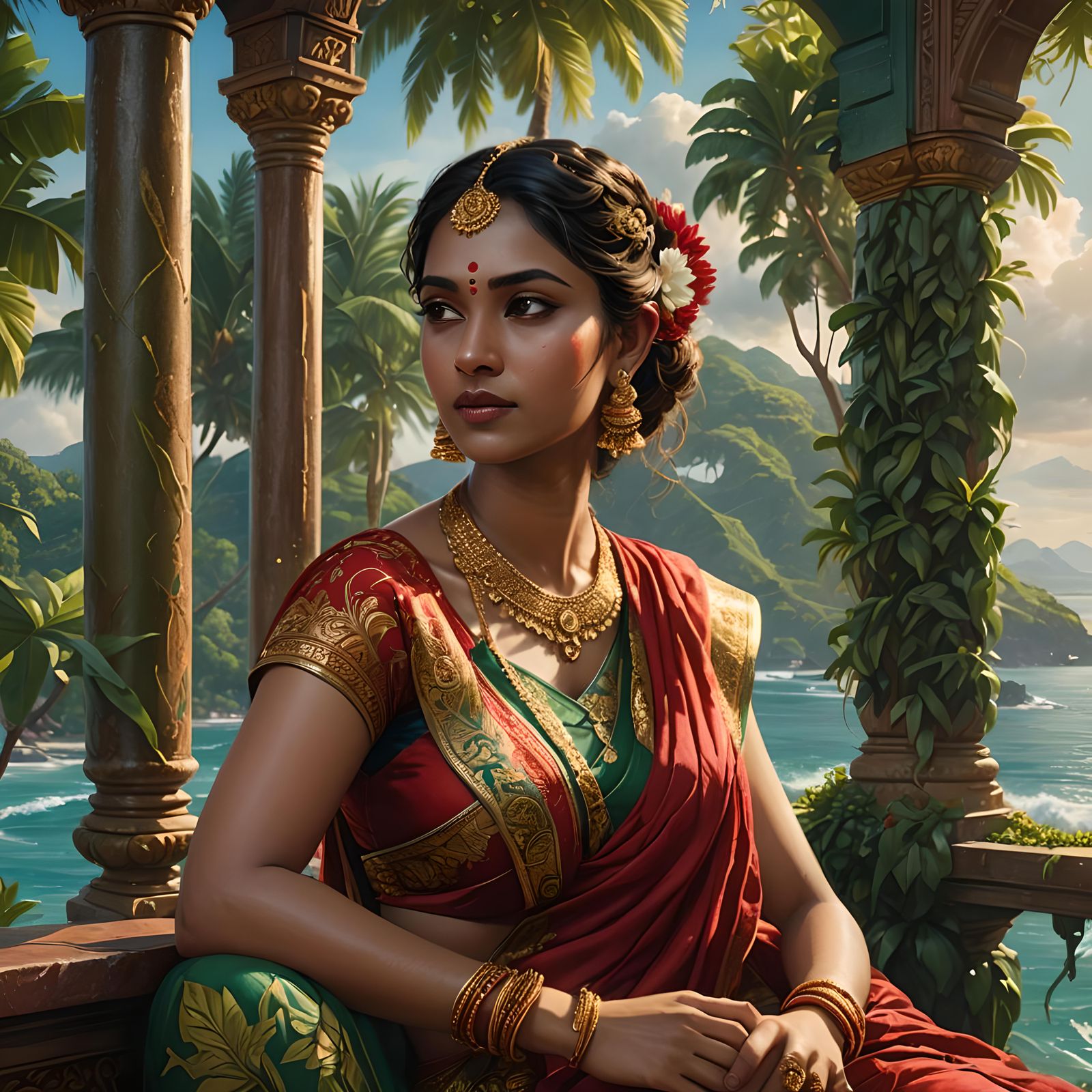 Young Hindu Goddess Overlooking Tropical Coast