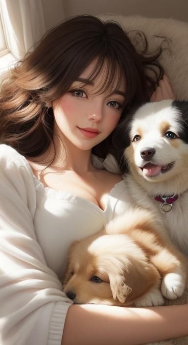 Woman Surrounded by Puppies: Whimsical Digital Art