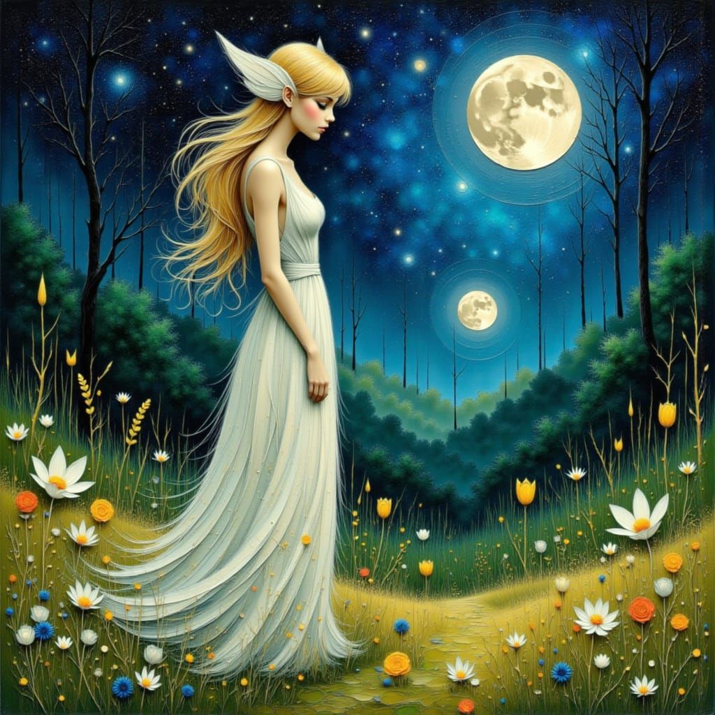 Magical Elf in Twilight Meadow with Two Moons
