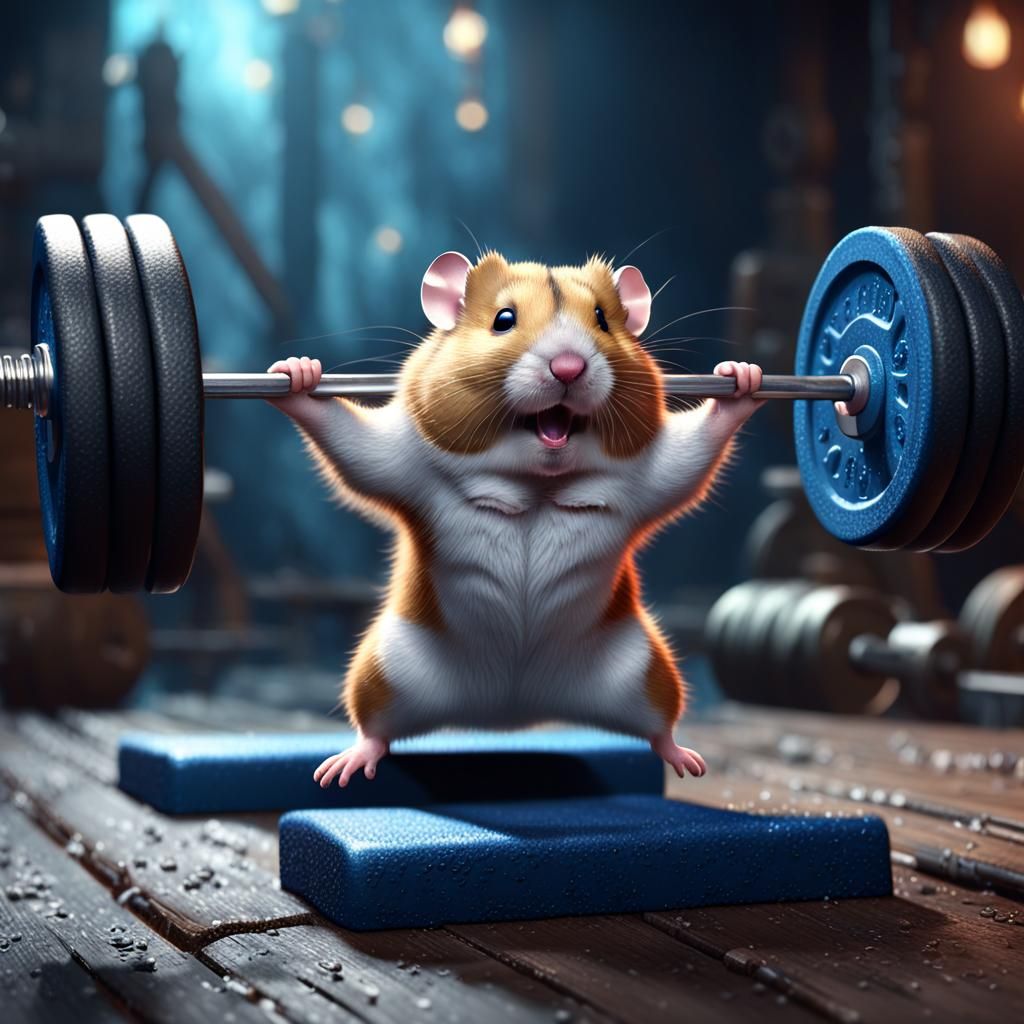 Small Hamster Strength Training in Vibrant Fantasy Landscape...