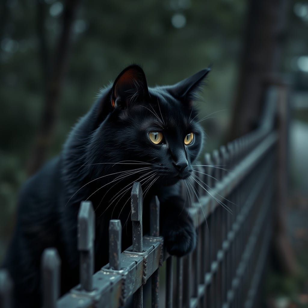 Black Cat Strolls Along Fence in Cinematic Hyperrealism