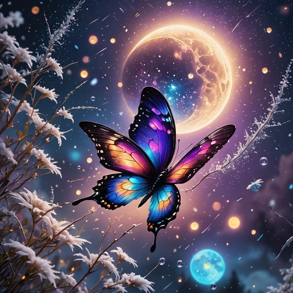 Butterfly in Moonlit Fantasy Landscape