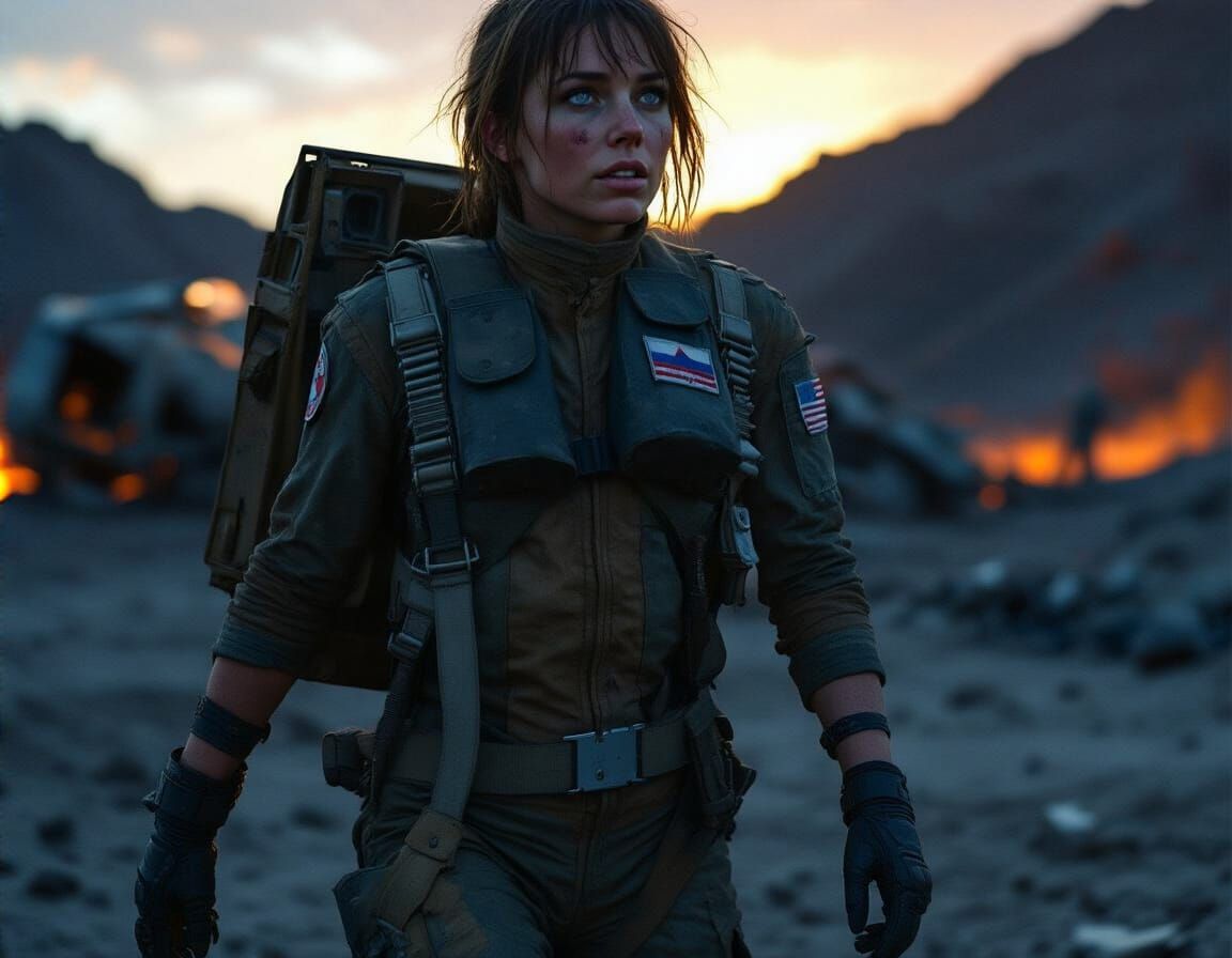 Female Pilot in Wreckage: Gritty Sci-Fi Landscape
