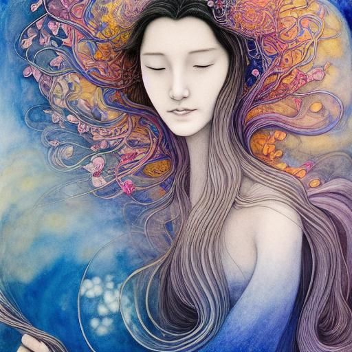 Woman with Narcotic Flower in Etching Aquatint Style