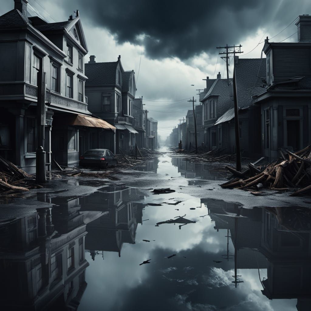 Devastated Coastal Town Aftermath in Photorealistic Style
