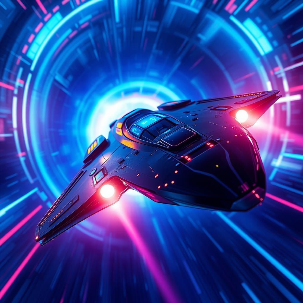 Spaceship Soaring Through Electric Blue Hyperspace Tunnel