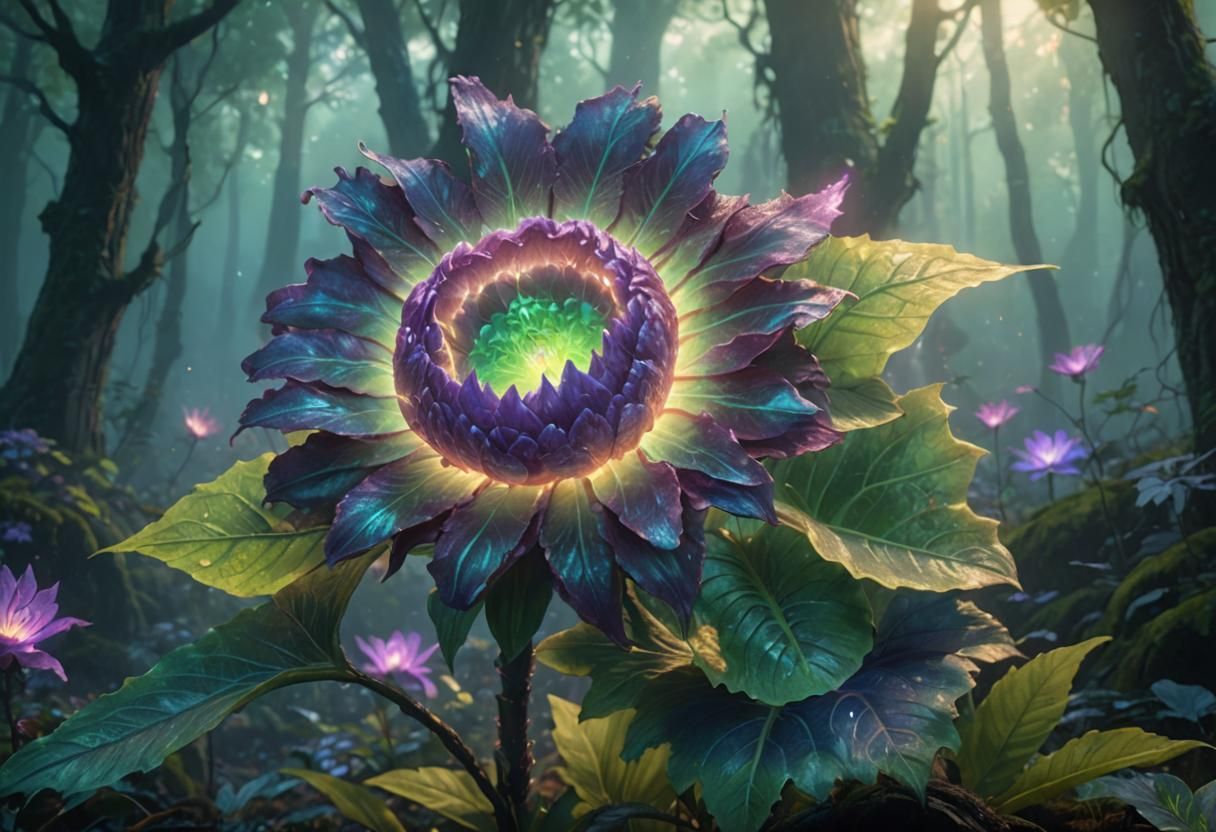 Glowing Dragon Flower in Misty Forest: Concept Art