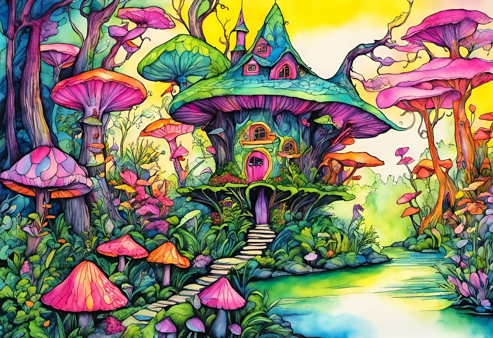 Fantastical fairy house in a neon enchanted world