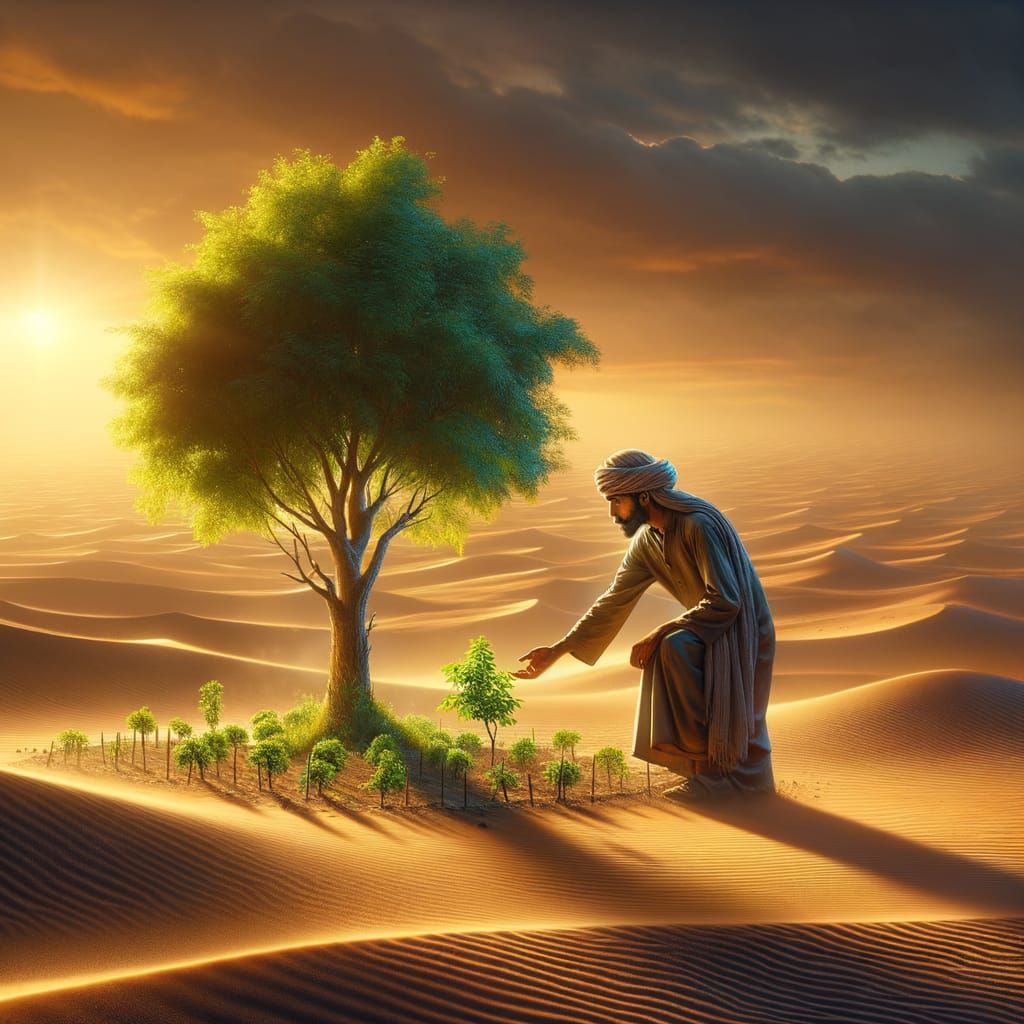 Man Nurturing Garden in Arid Desert: Hyperrealistic Image