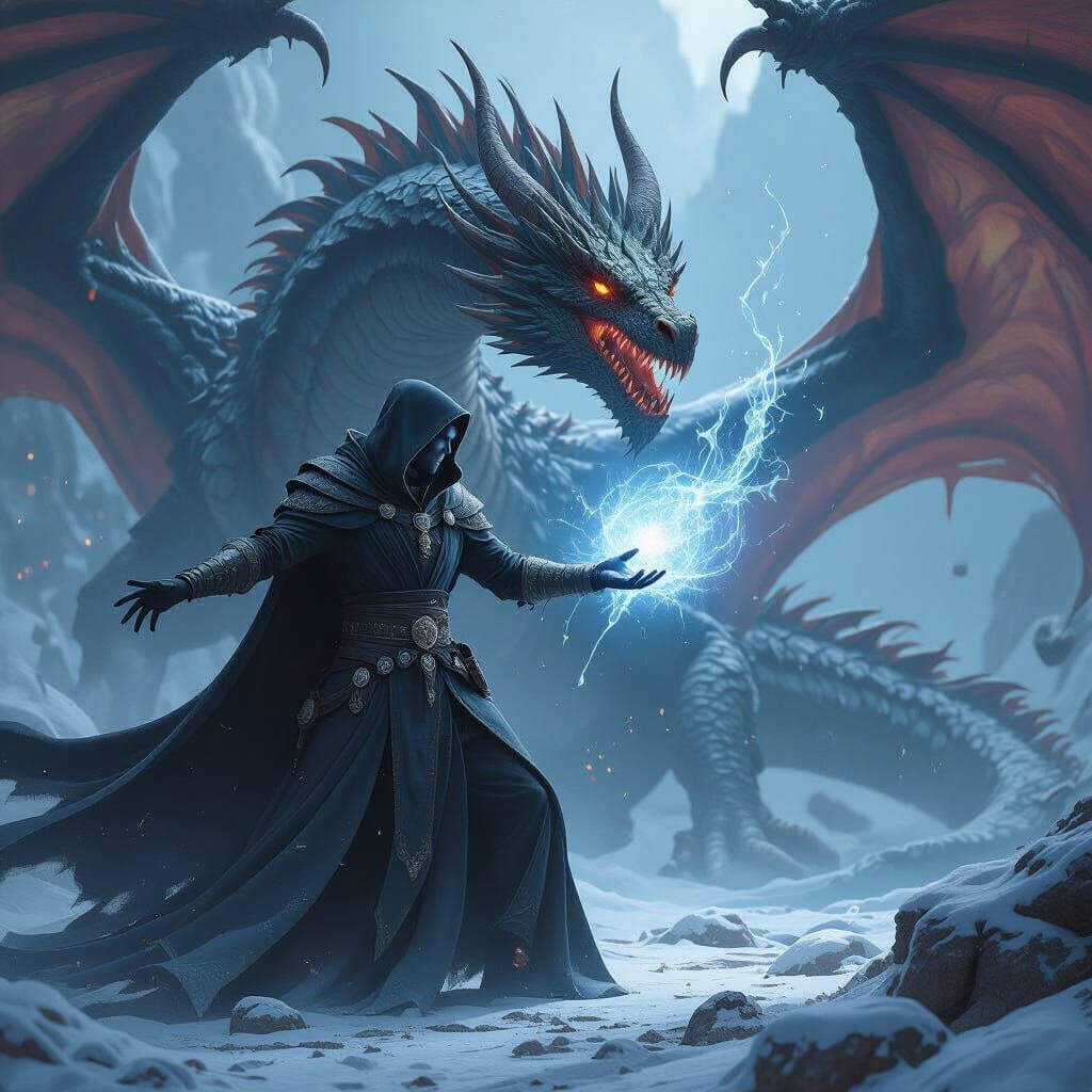 Drow Sorcerer Battles Dragon in Detailed Matte Painting