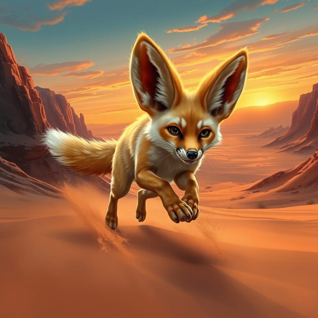 Fennec Fox Leaping Through Desert Canyon