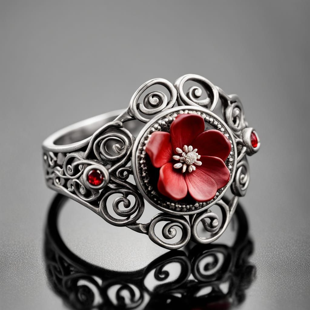 Ornate Art Nouveau Ring in Silver with Red Oleander Flower