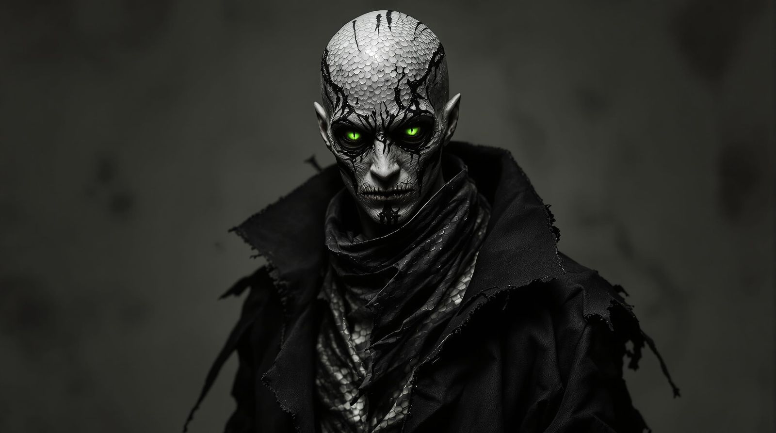 Man with Fish Scale Skin in Monochromatic Portrait