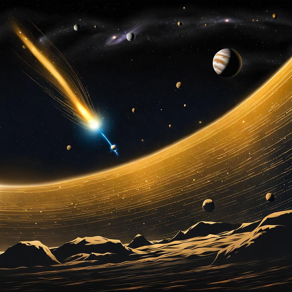 Golden Tailed Comet Soaring Past Planets