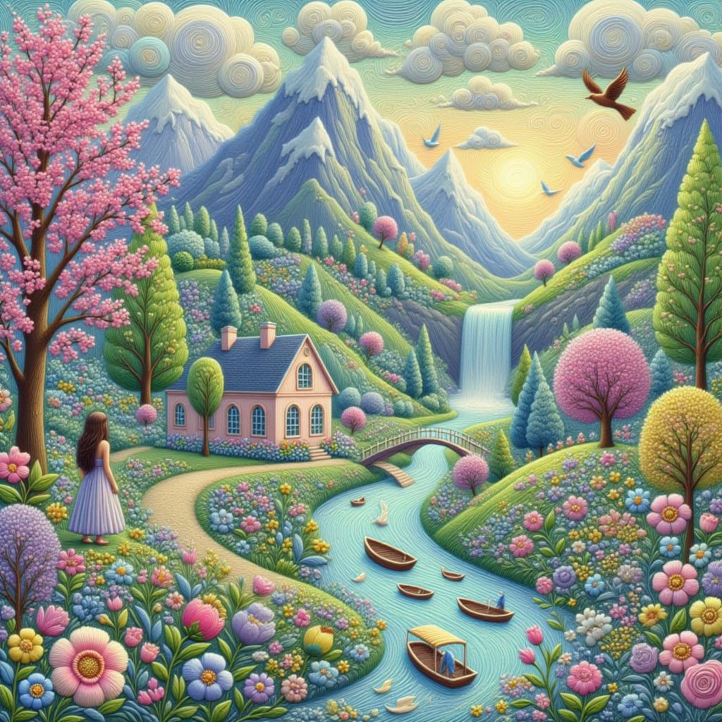 Mountain River Waterfall Landscape with Fish and Watching La...