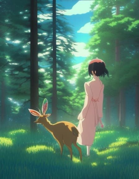 Japanese Fairies in Sunlit Forest, Anime Style